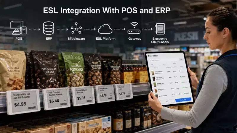 Інтеграція електронної етикетки на полиці з POS та ERP: API, зіставлення даних, обробка помилок і...